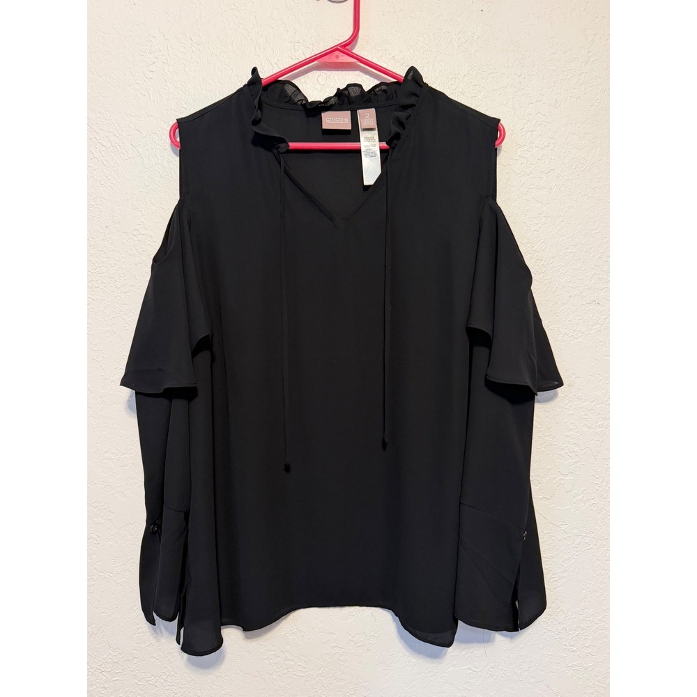Chico's Black Cold Shoulder Ruffle Neck Tie Blouse Top Size 2 L Large